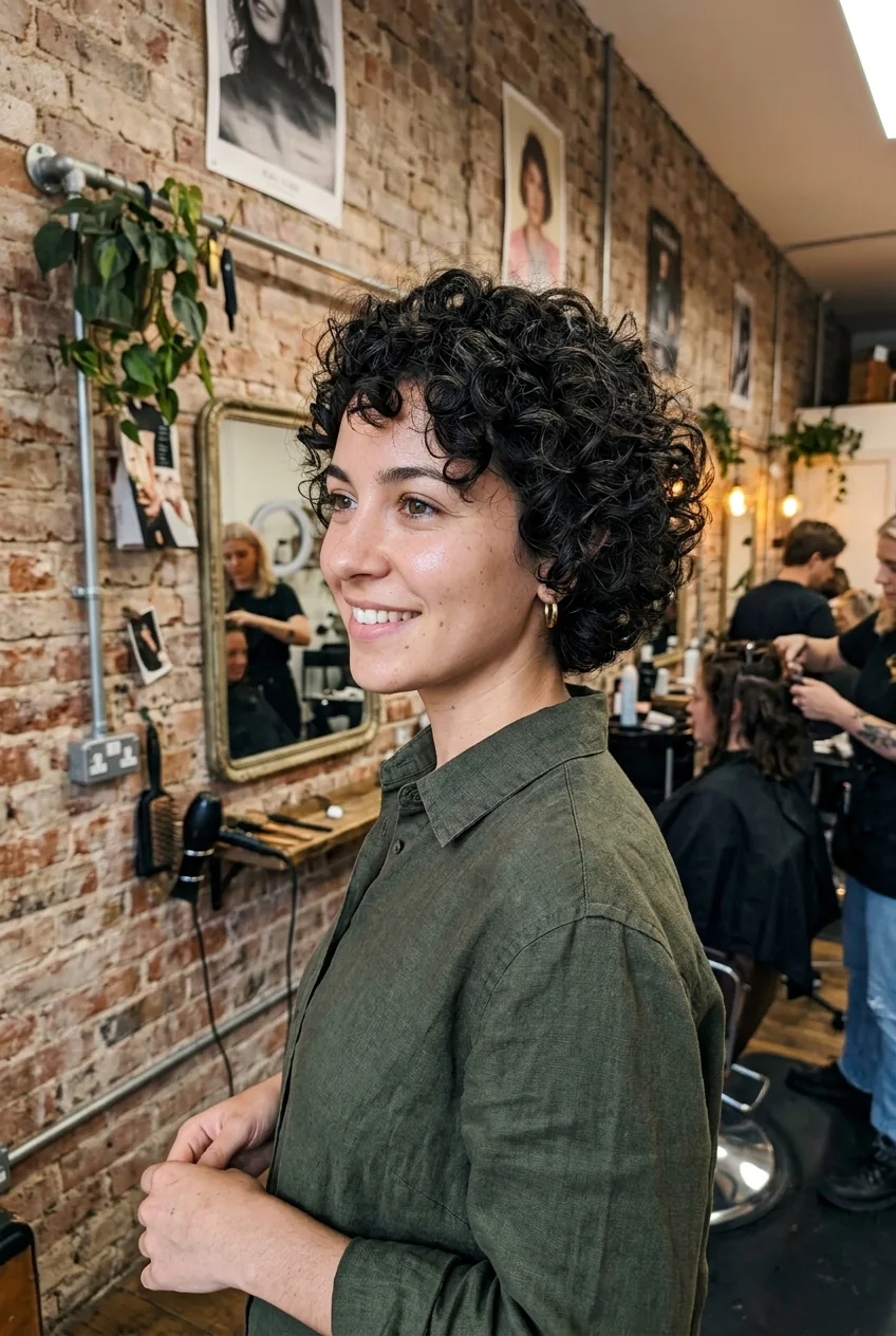 Woman with short layered curly cut demonstrating natural curl pattern and movement in studio lighting
