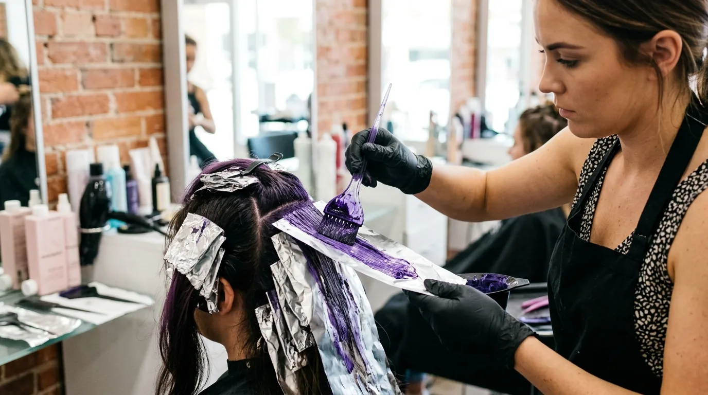 Professional stylist applying purple pastel hair dye with brush onto foil-wrapped bleached hair sections