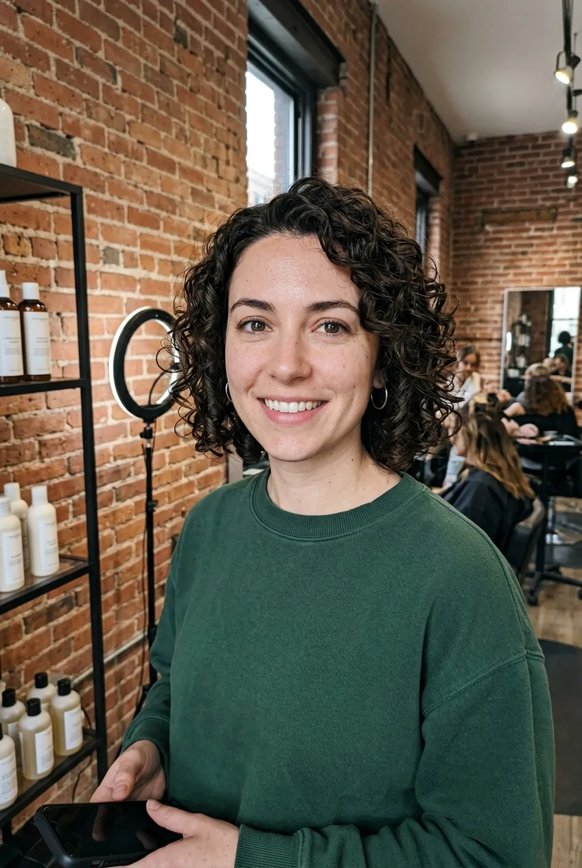 Woman with perfectly defined short curls demonstrating ideal chin-length cut for natural texture