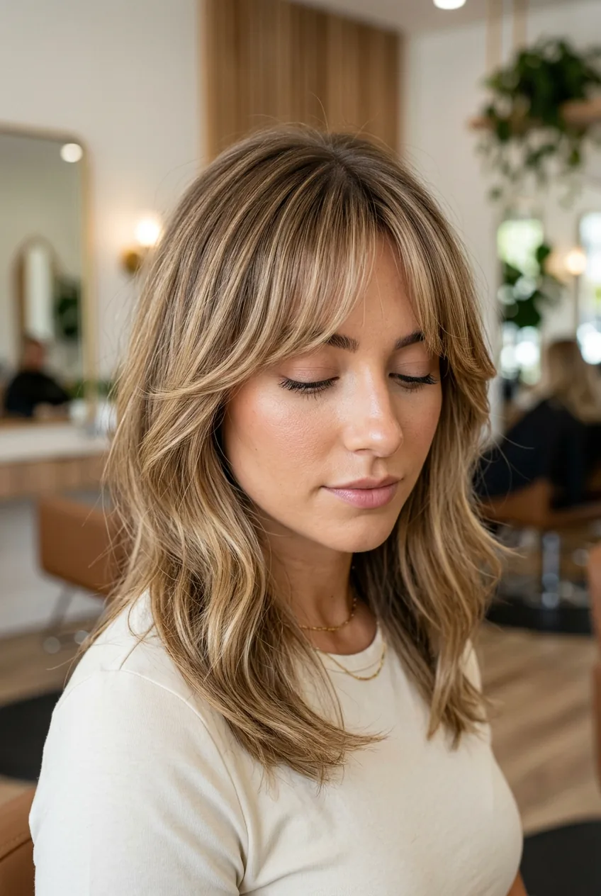 Close-up of woman with perfectly styled curtain bangs showing soft face-framing layers