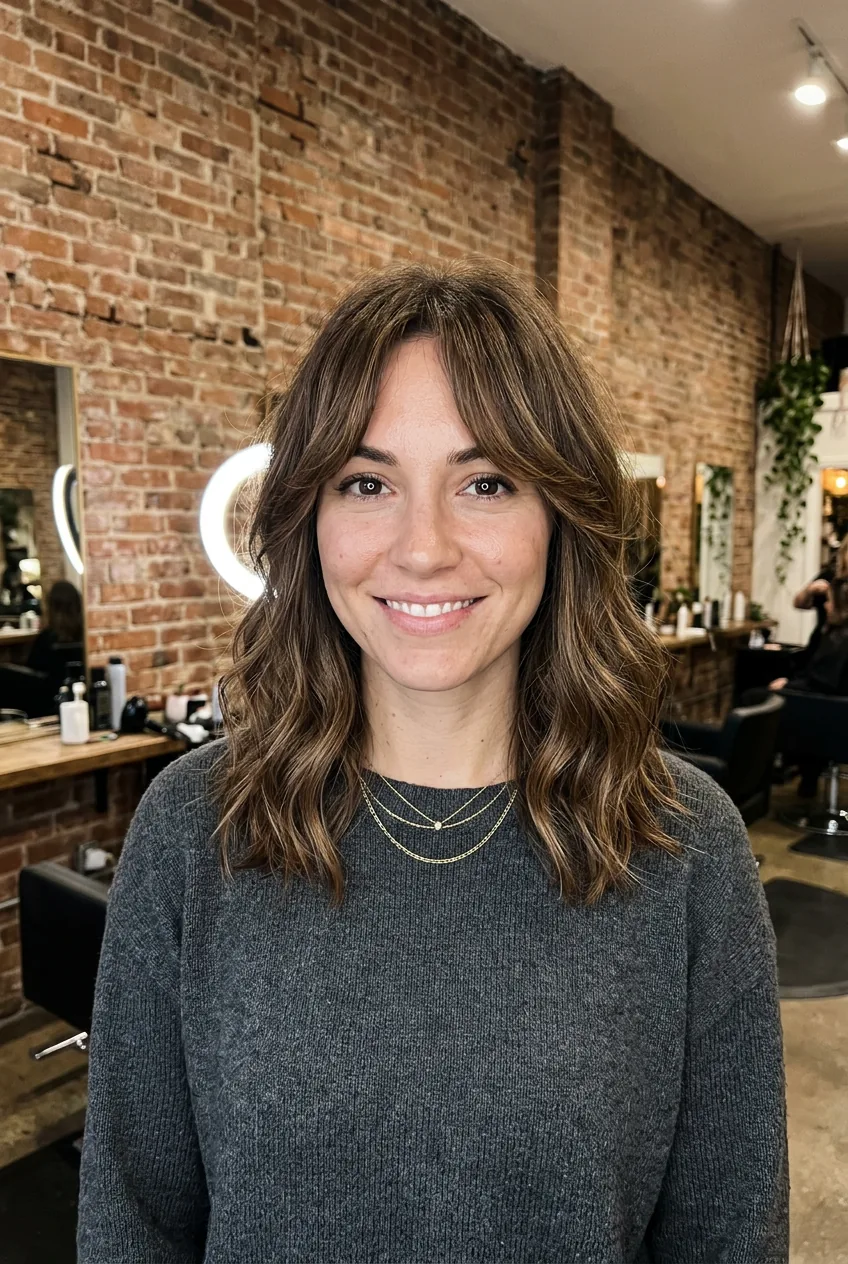 Woman displaying perfectly styled curtain bangs with natural sweep and movement in studio setting