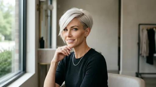 Woman with platinum blonde asymmetrical pixie cut showing side-swept bangs and subtle undercut details in natural lighting