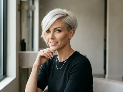 Woman with platinum blonde asymmetrical pixie cut showing side-swept bangs and subtle undercut details in natural lighting