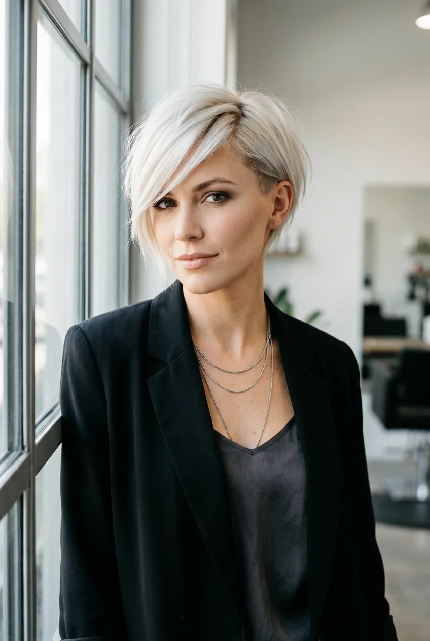 Woman with platinum blonde asymmetrical pixie cut showing side-swept bangs and subtle undercut details in natural lighting