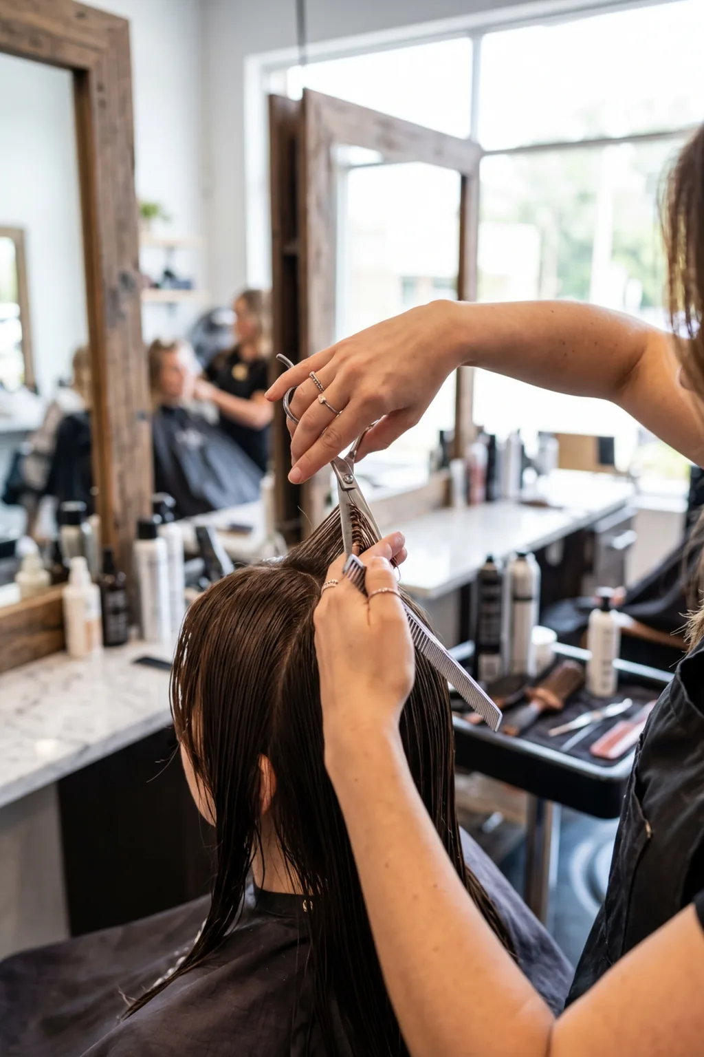 Stylist using vertical point-cutting technique to add texture to finished curtain bangs