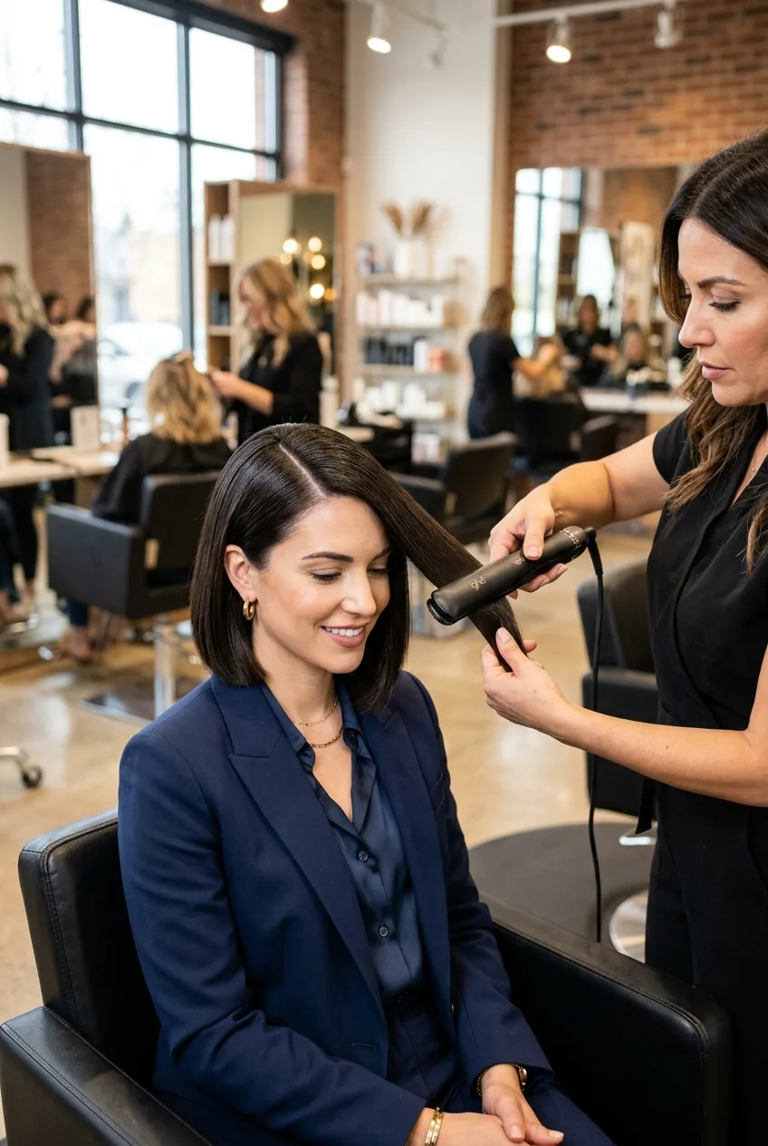 Polished bob with dramatic side part being finished with flat iron for sleek wedding guest sophistication