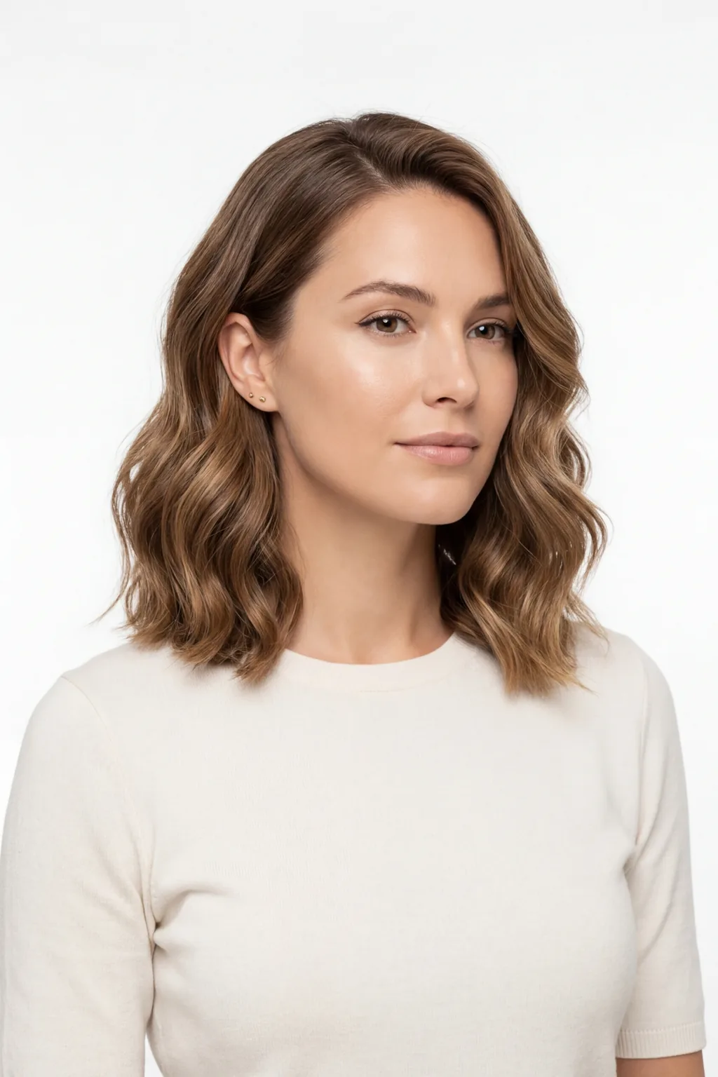 Woman with polished wavy lob showing subtle controlled S-curve waves in professional styling
