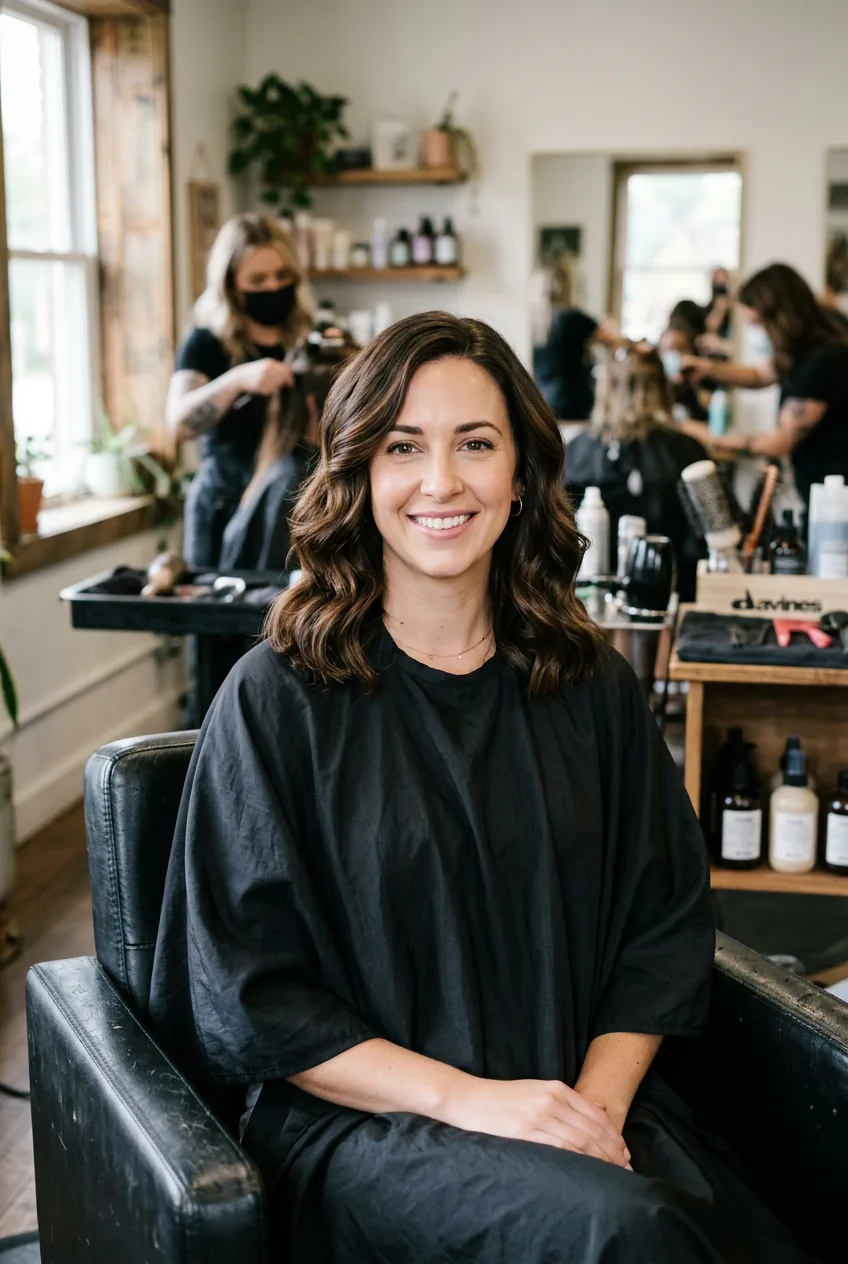 Woman with polished wavy lob featuring defined uniform waves at collarbone length