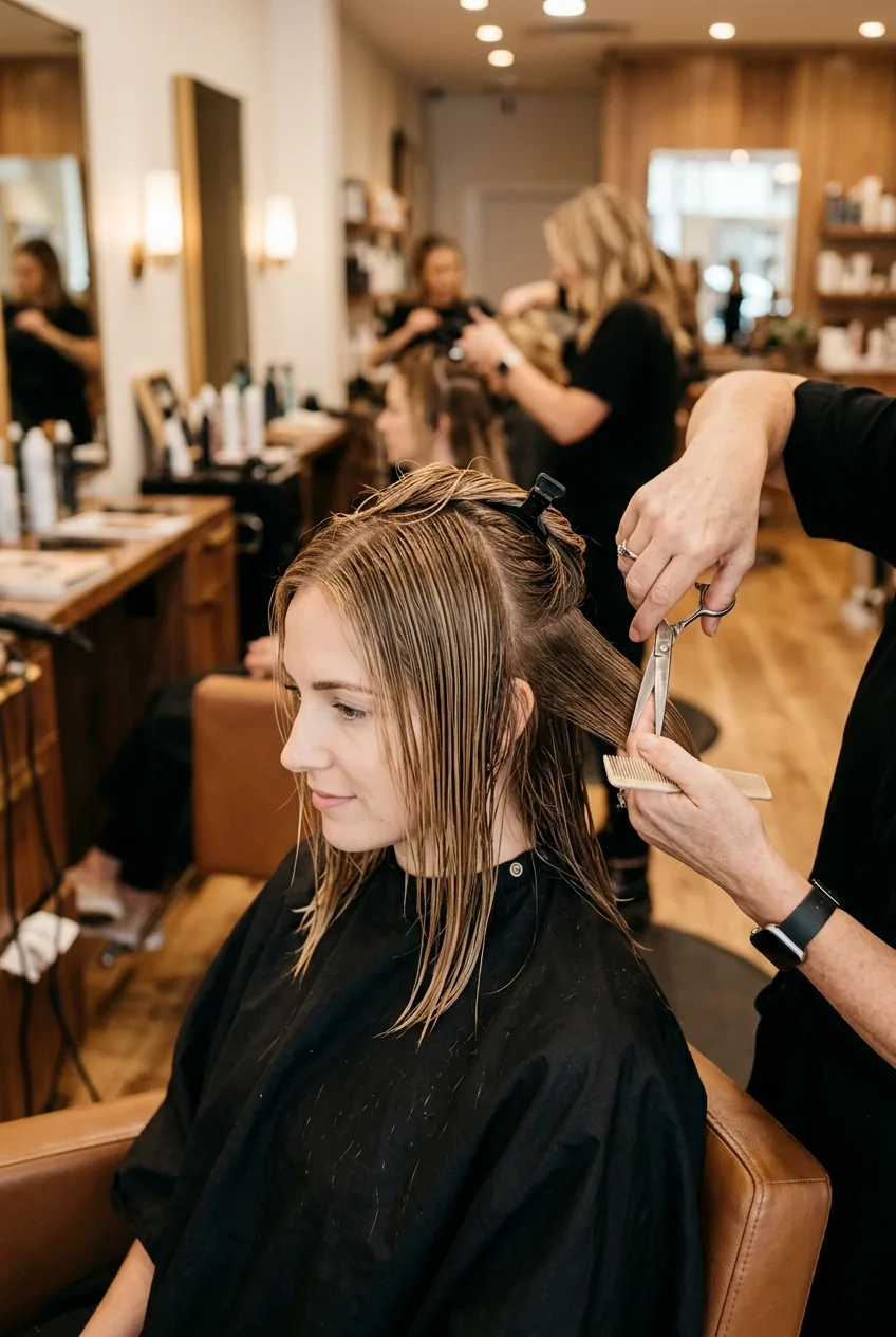 Professional stylist sectioning fine hair for precise layering technique with sharp haircutting shears