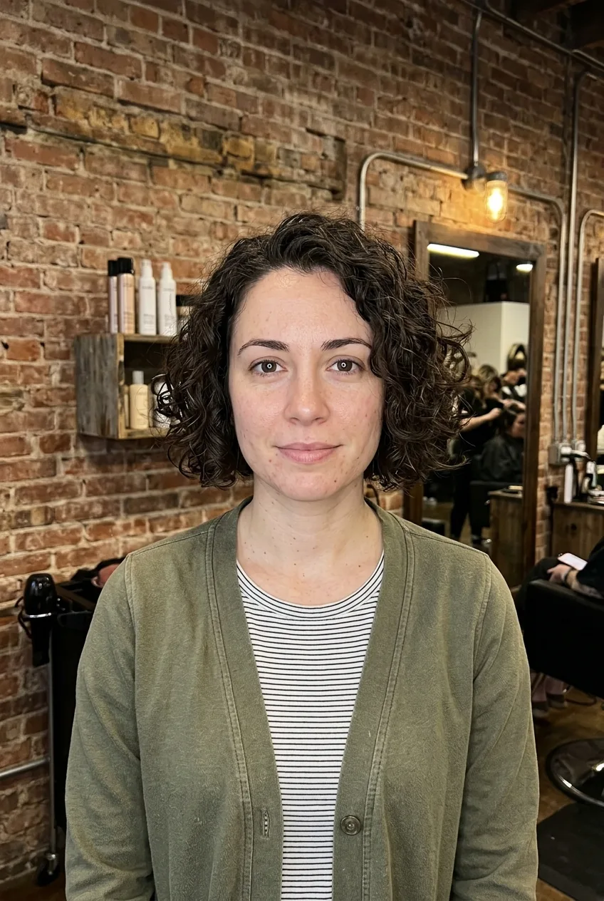 Woman with classic curly bob cut showing horizontal line at chin level that emphasizes face width