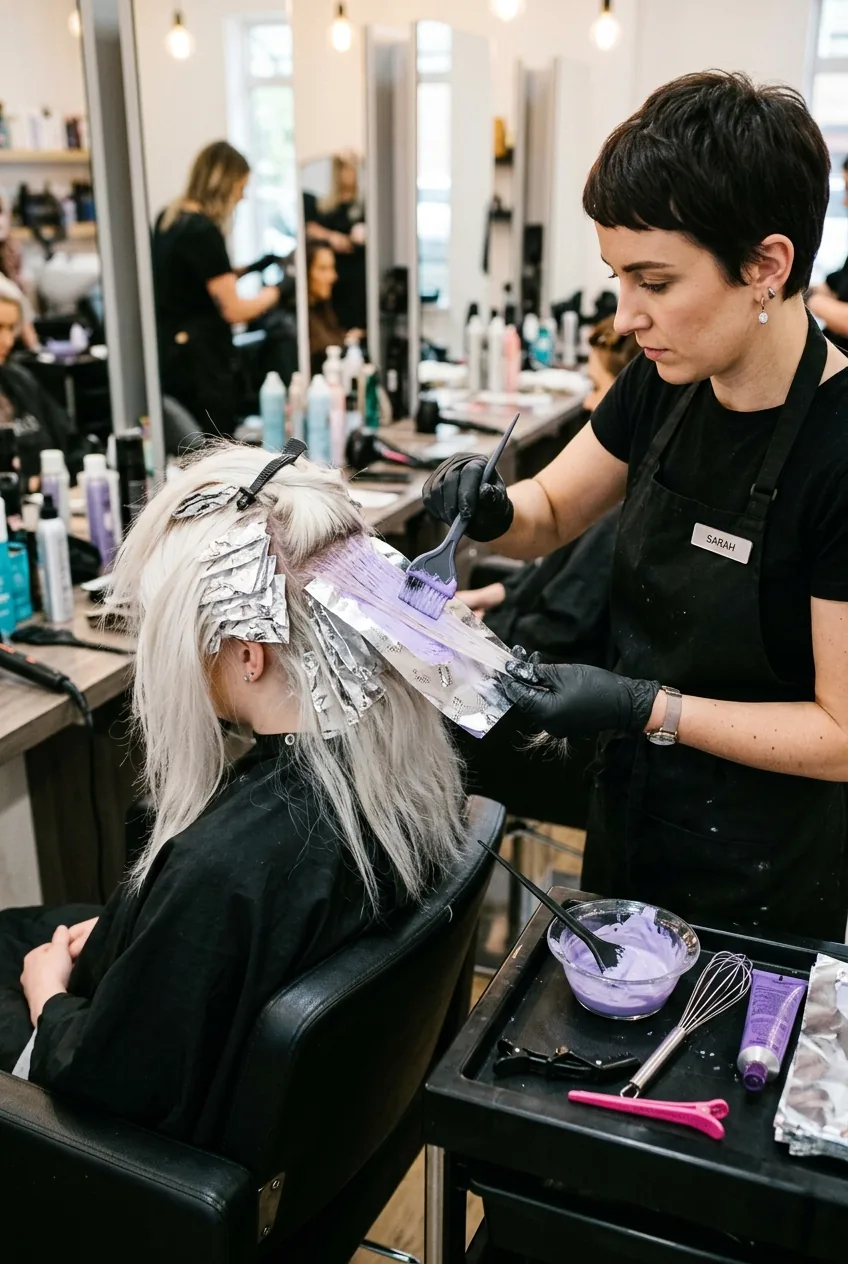 Hair colorist sectioning platinum blonde hair with foil sheets while mixing pastel purple dye in salon