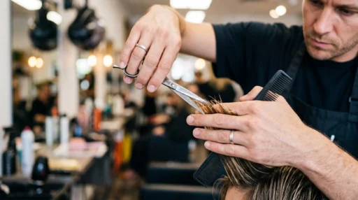 Professional hairstylist's hands cutting curtain bangs with precise scissor technique in bright salon lighting
