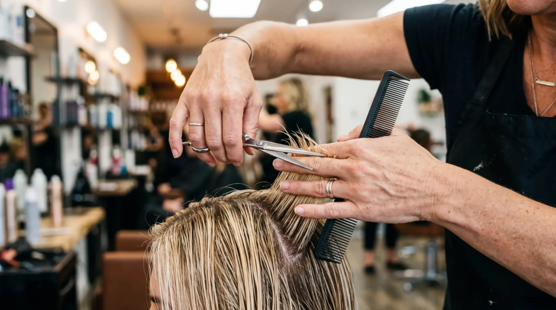 Professional hairstylist hands cutting curtain bangs with scissors and comb in bright salon lighting