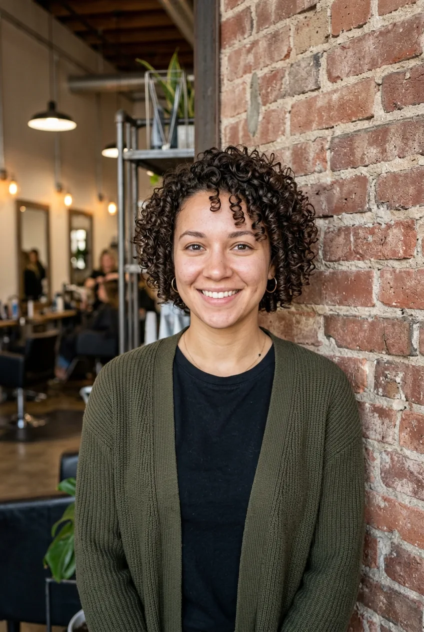 Woman with professionally cut short curly hair demonstrating precise curl pattern and expert shaping