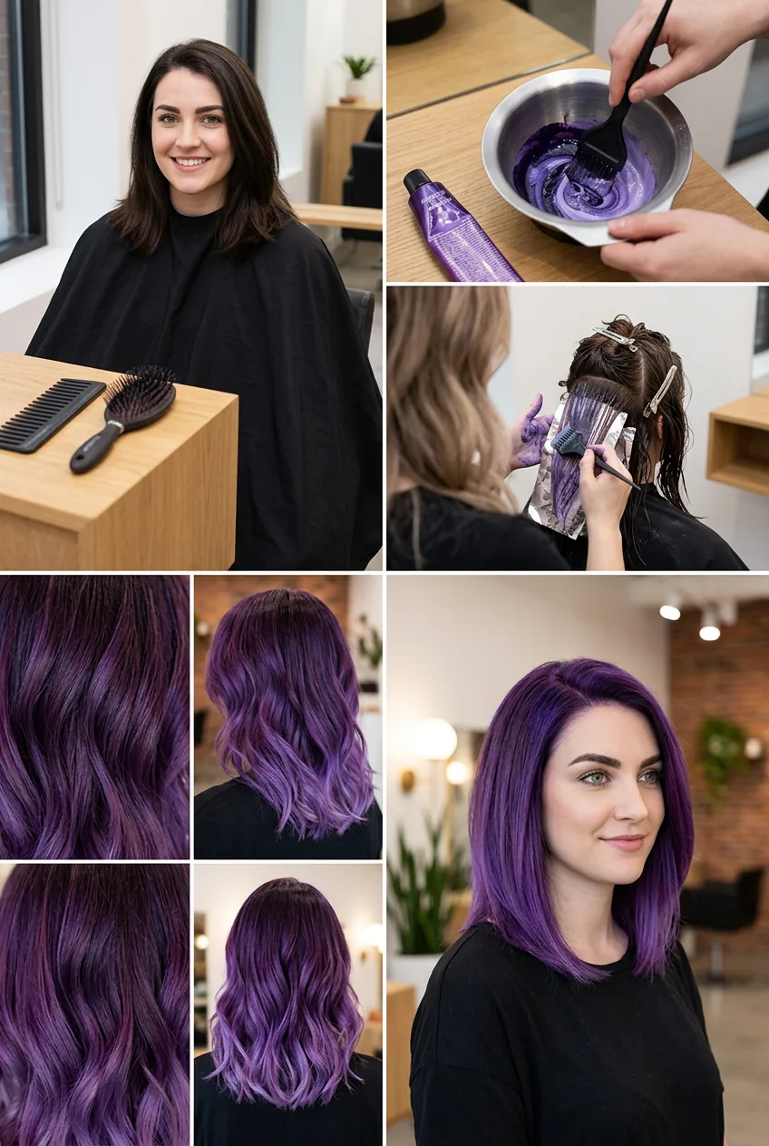 Hair transformation from dark brown to vibrant purple showing professional coloring process