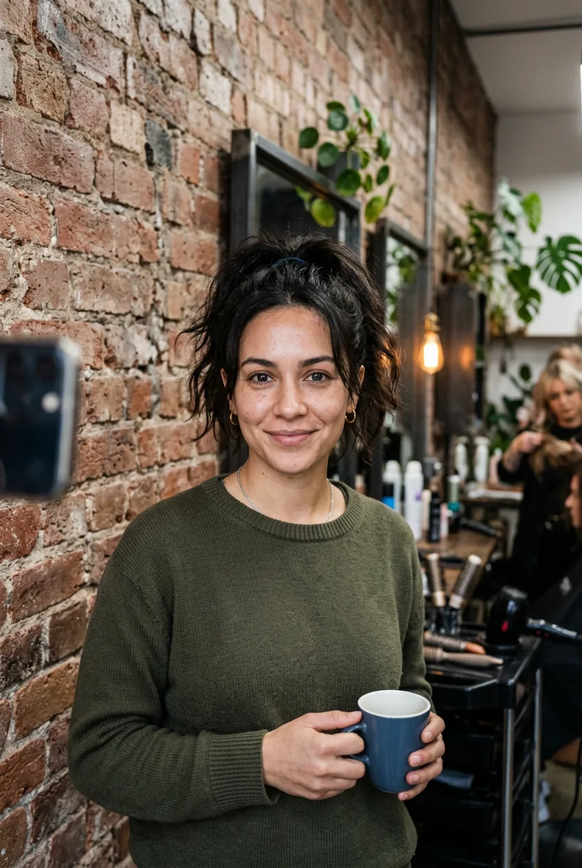 Woman with quick messy low ponytail showing effortless five-minute morning styling