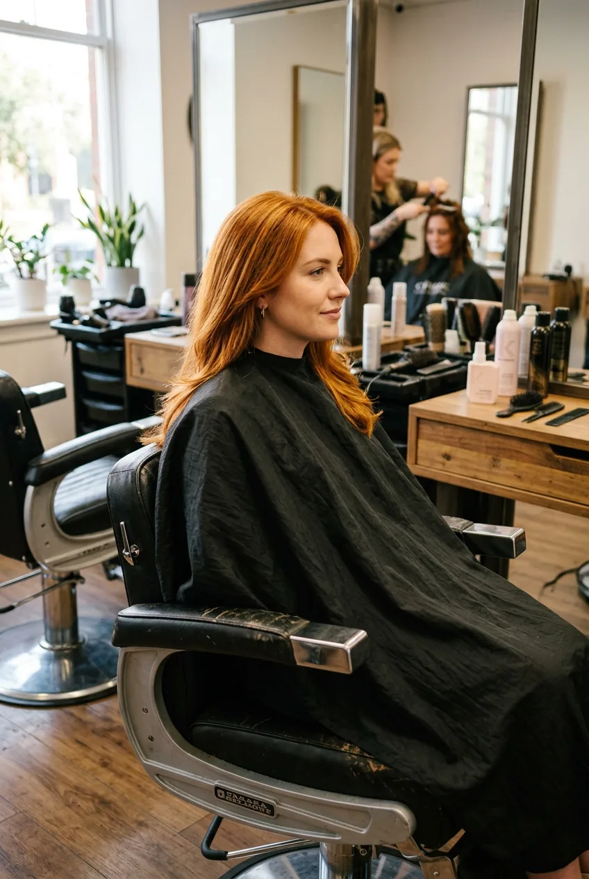 Rich copper hair color with golden undertones catching natural light in three-quarter view