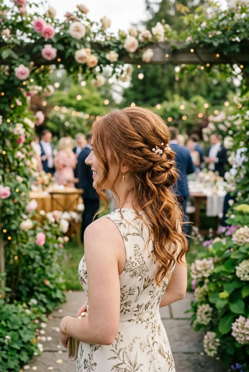 Romantic loose updo with face-framing pieces and gentle crown volume in garden setting