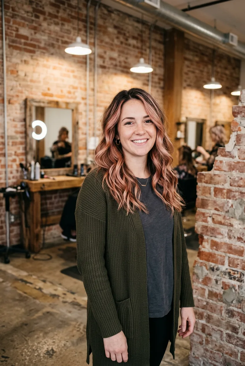 Woman with rose gold balayage highlights in shoulder-length wavy hair under studio lighting