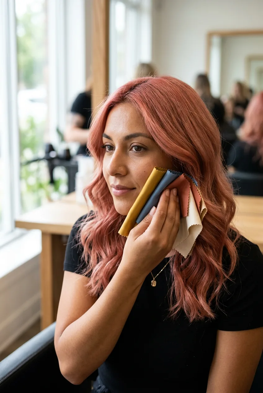 Woman with rose gold hair examining undertones with fabric swatches in natural window light