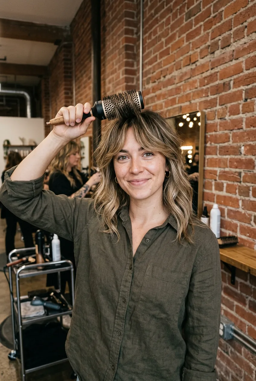 Woman demonstrating curtain bang styling with round brush showing textured finish technique