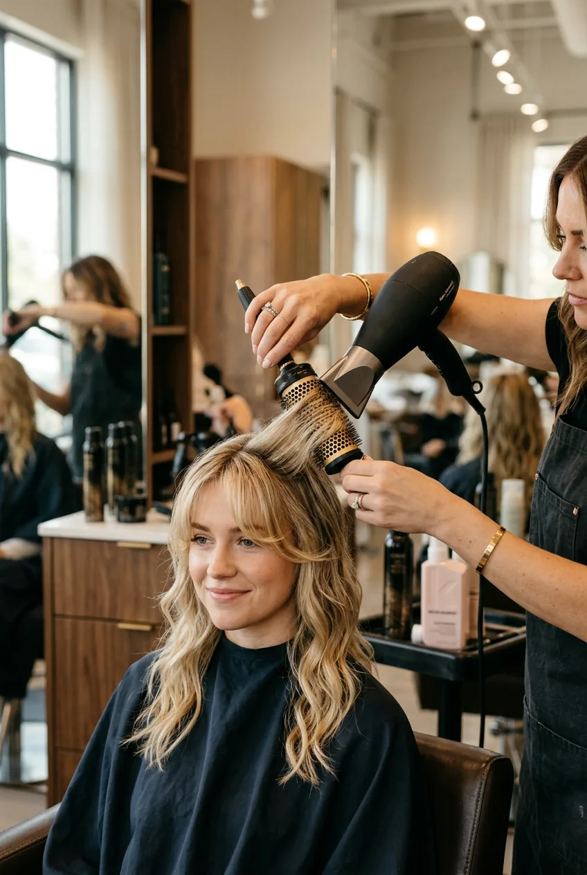 Hairstylist using round brush and blow dryer to style curtain bangs on client in salon