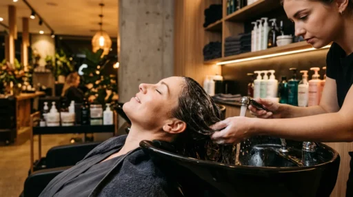 Woman getting hair washed at modern salon ceramic sink with professional products on shelves