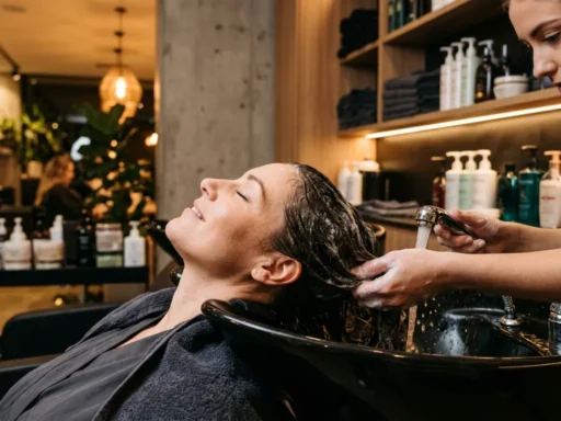Woman getting hair washed at modern salon ceramic sink with professional products on shelves