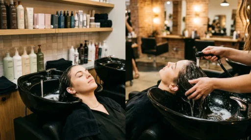 Woman getting hair washed at modern salon with ceramic sink and professional products visible