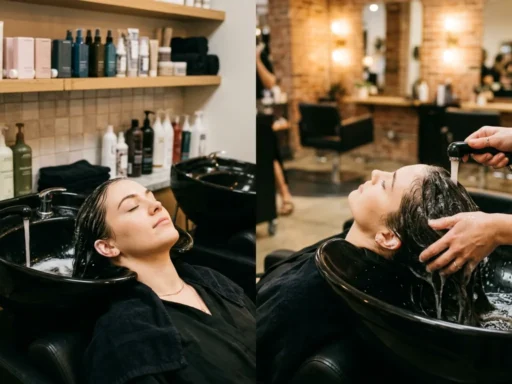 Woman getting hair washed at modern salon with ceramic sink and professional products visible
