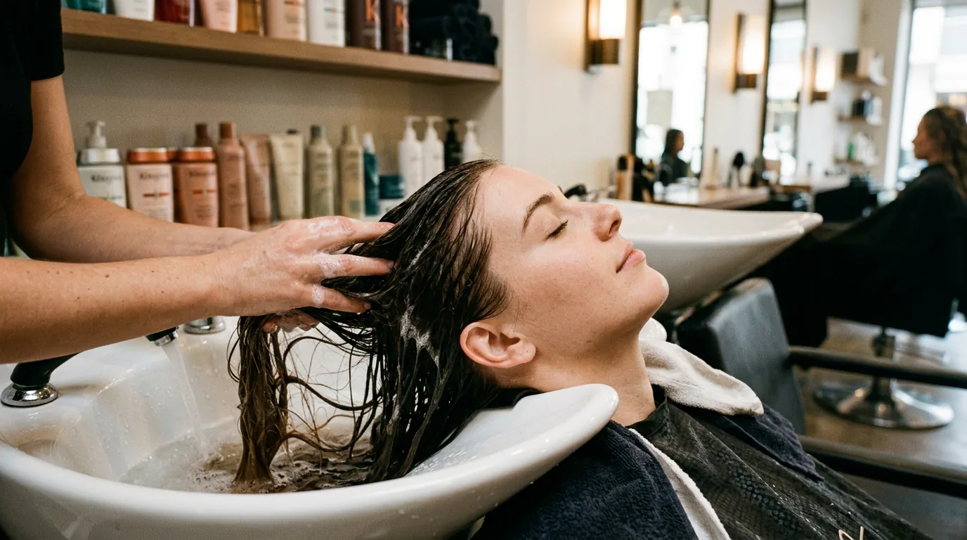 Woman getting hair washed at modern salon ceramic sink with warm interior lighting and professional products