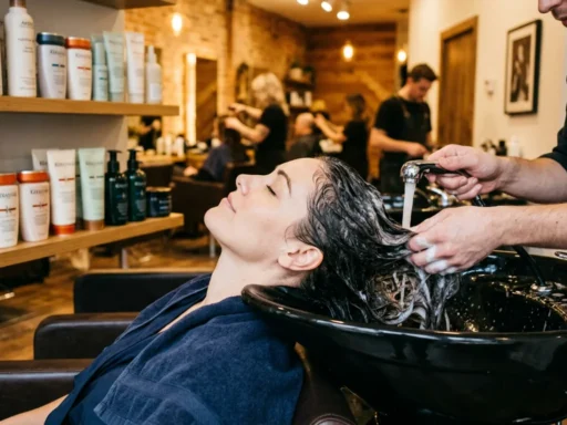 Woman getting hair washed at modern salon sink with wet curly hair texture