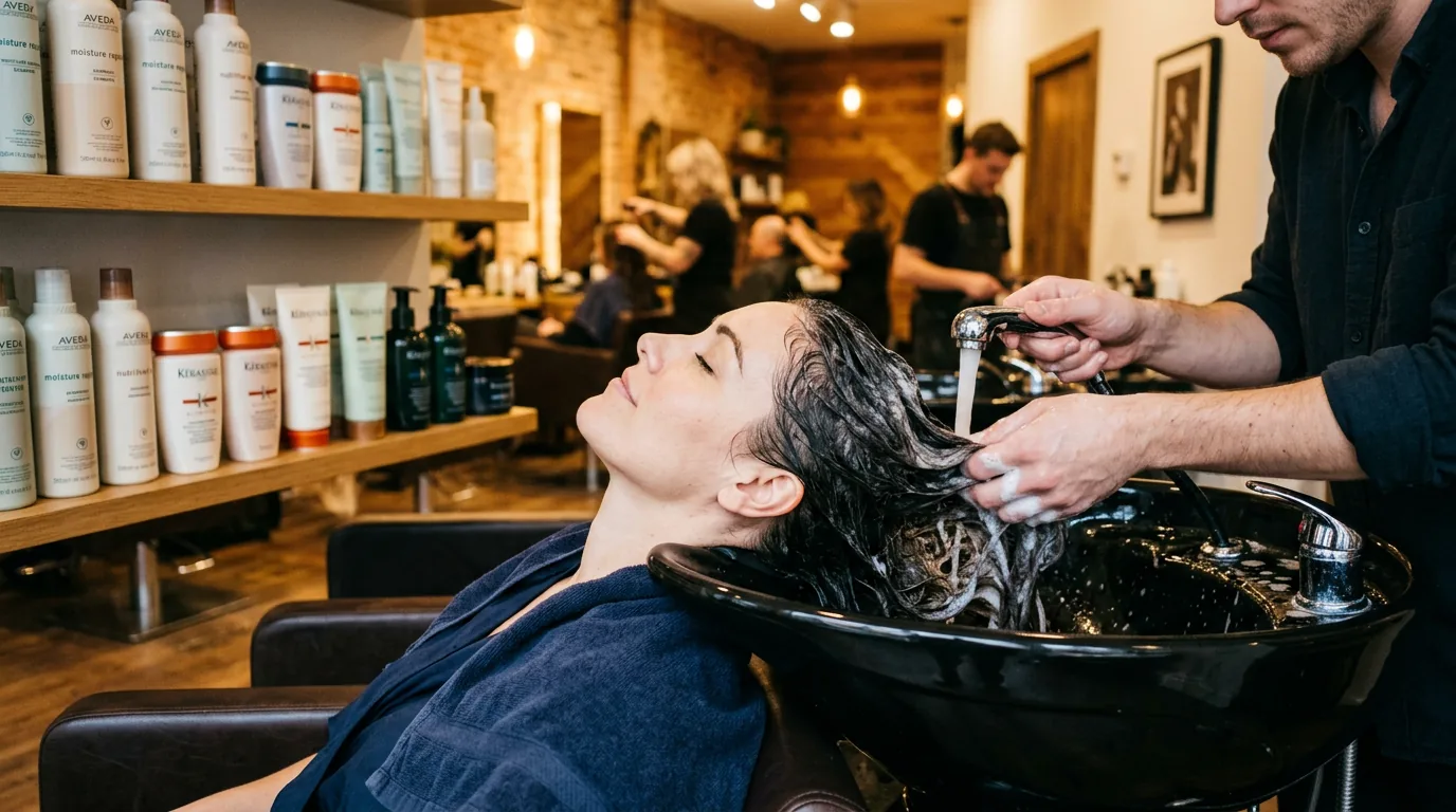 Woman getting hair washed at modern salon sink with wet curly hair texture