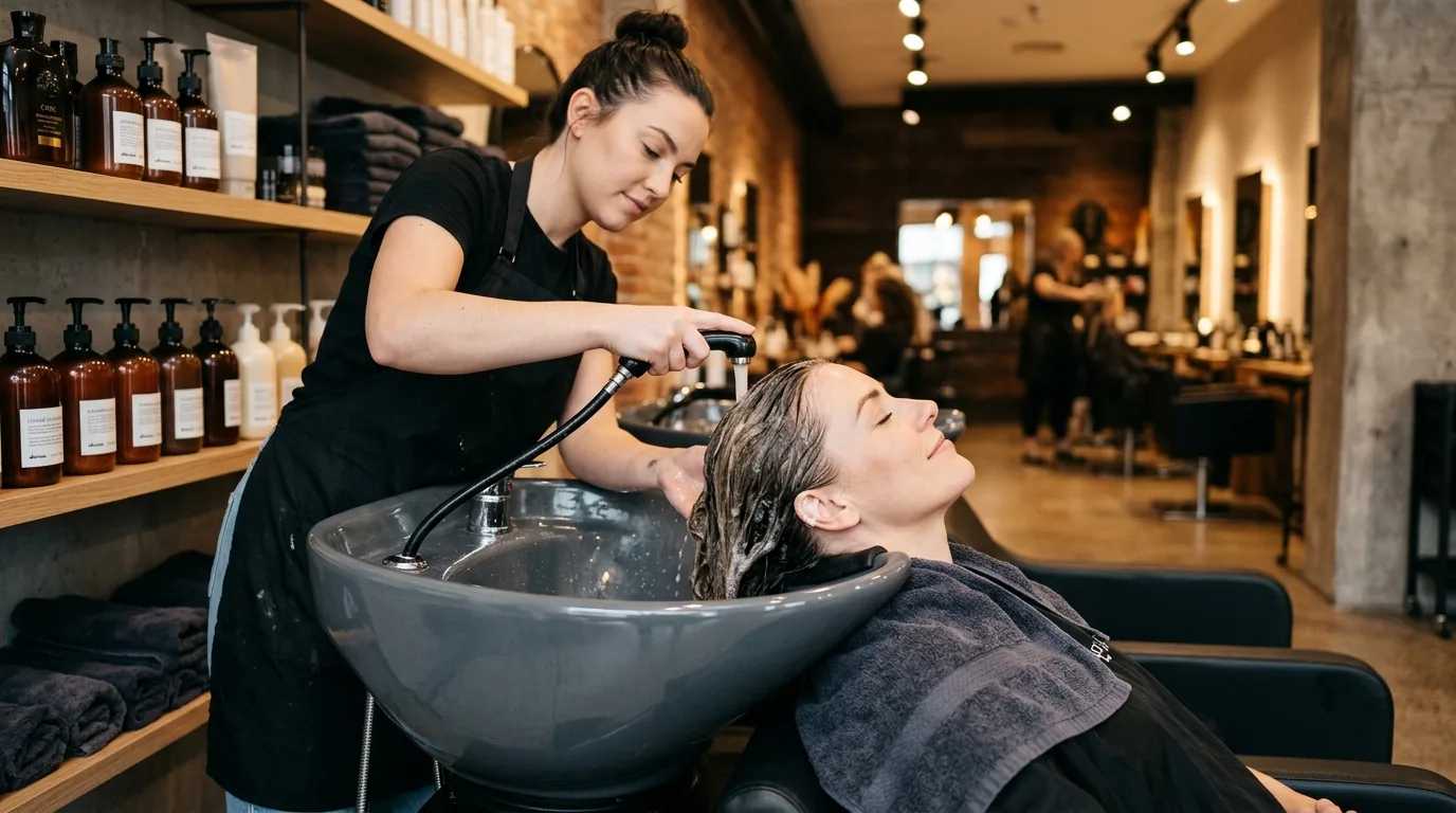 Woman relaxing during professional hair wash at modern salon with ceramic sink and premium products