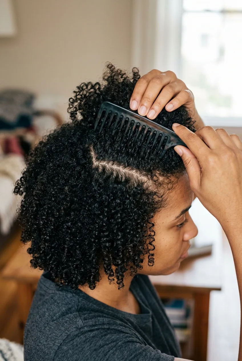 Hands using wide-tooth comb to section curly hair into three parts while maintaining root volume