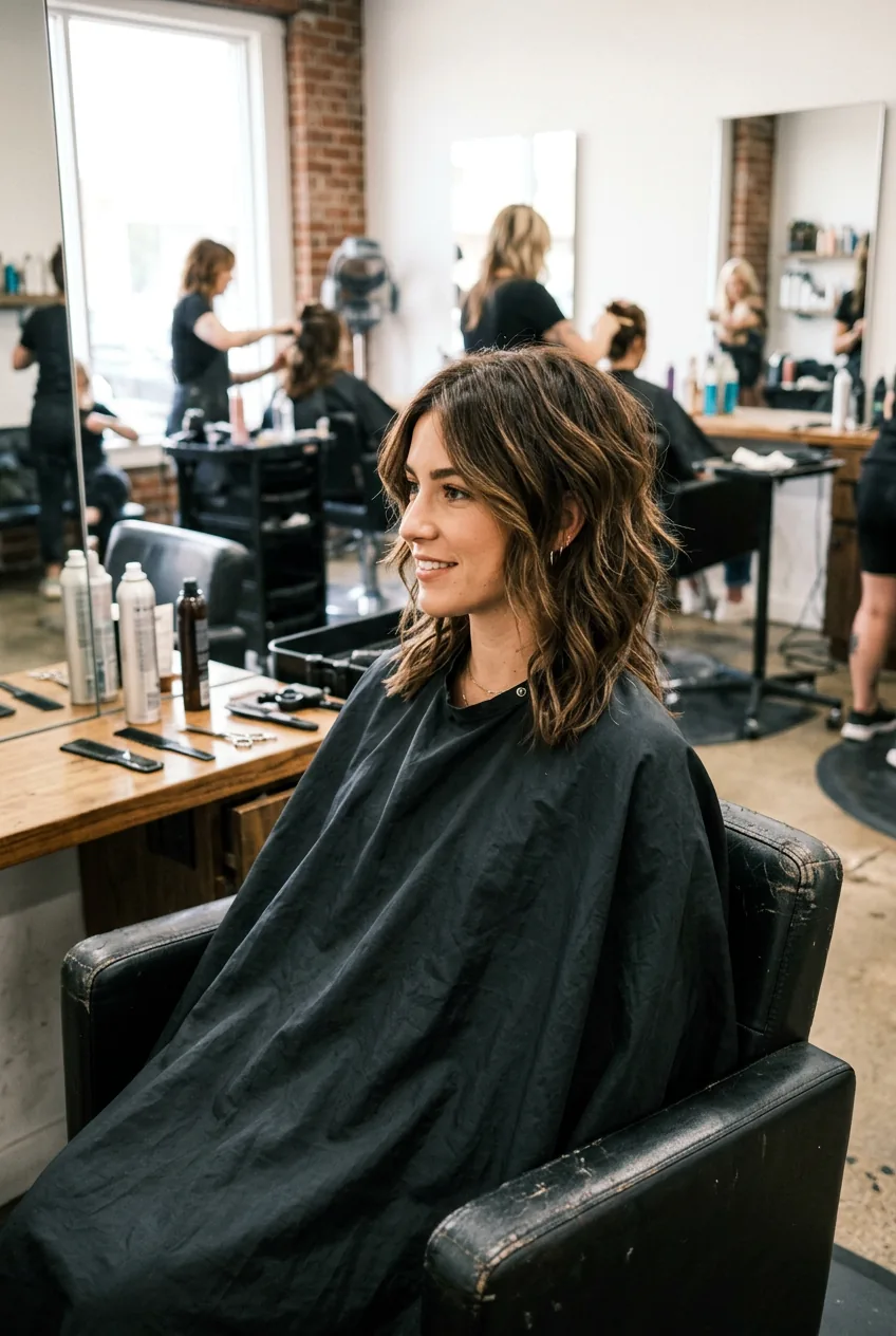 Woman showcasing modern shag-inspired wavy lob with choppy layers and crown volume
