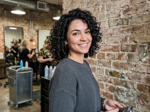 Woman with chin-length curly bob showing natural spiral curl pattern in industrial hair studio