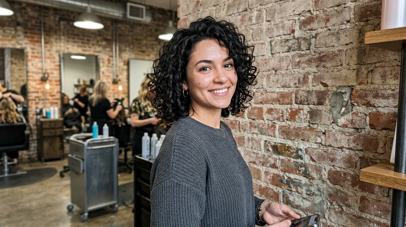Woman with chin-length curly bob showing natural spiral curl pattern in industrial hair studio