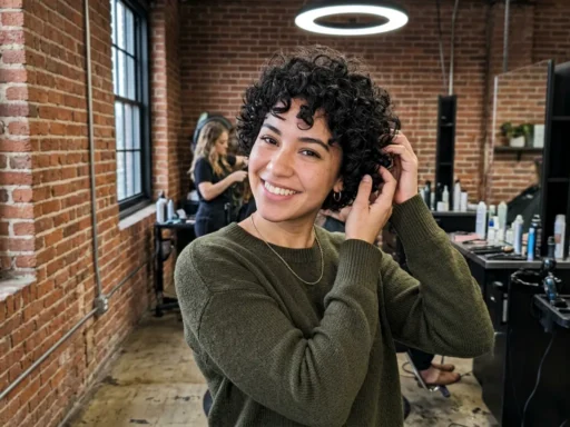 Woman with short curly pixie cut showing natural texture and definition against industrial brick wall