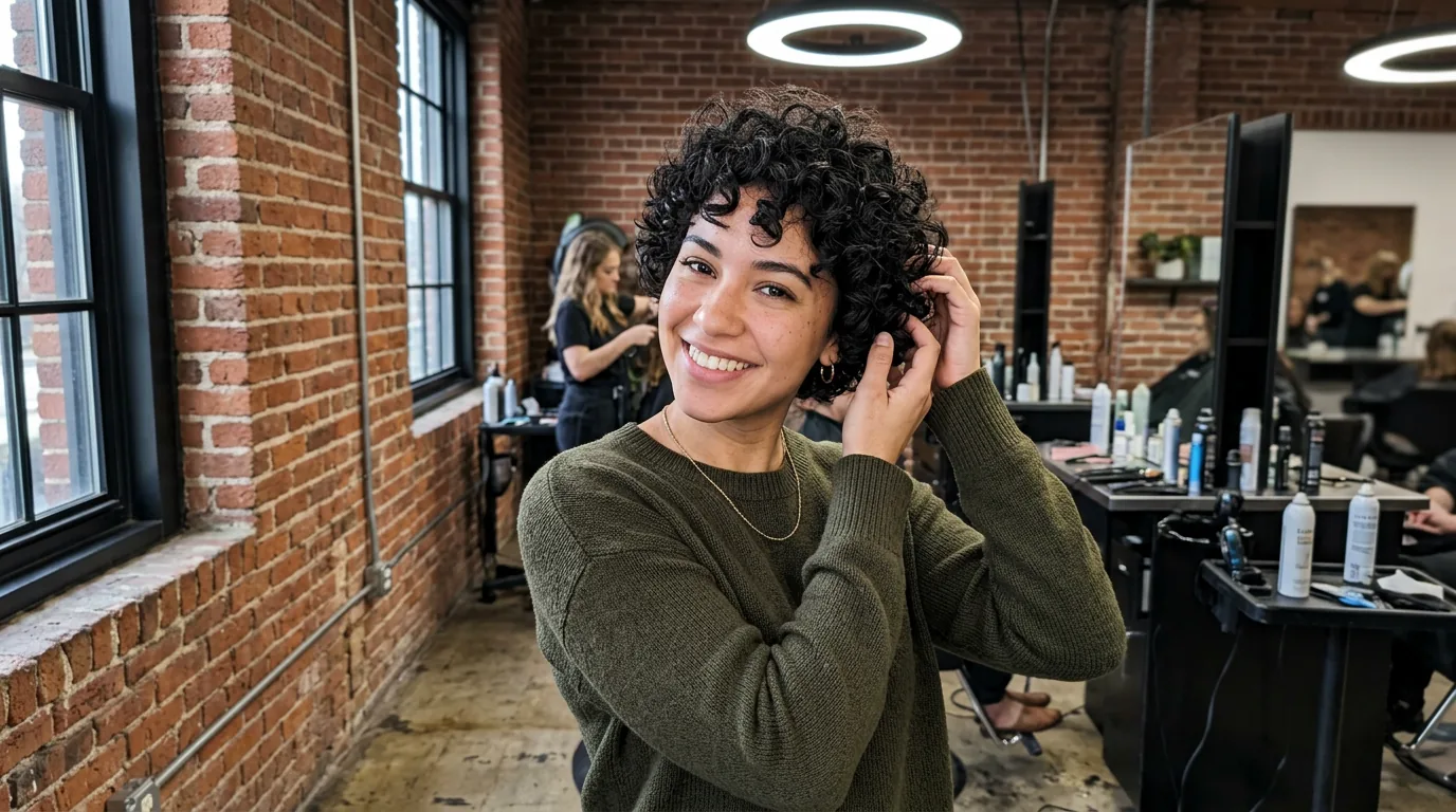 Woman with short curly pixie cut showing natural texture and definition against industrial brick wall