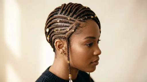 Woman with short lemonade fulani braids showing side-swept cornrows and box braid sections at shoulder length