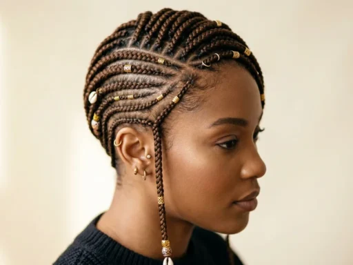 Woman with short lemonade fulani braids showing side-swept cornrows and box braid sections at shoulder length