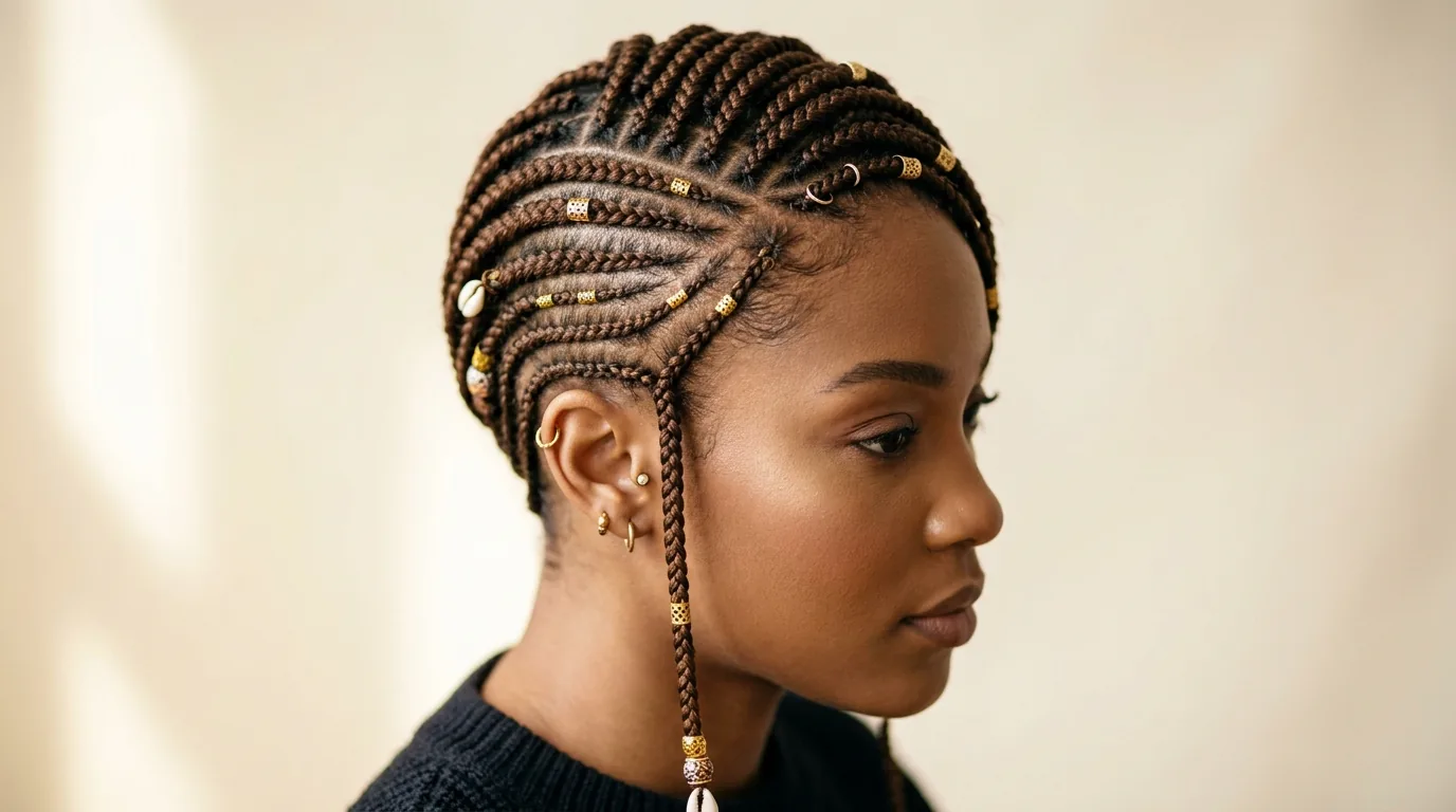 Woman with short lemonade fulani braids showing side-swept cornrows and box braid sections at shoulder length
