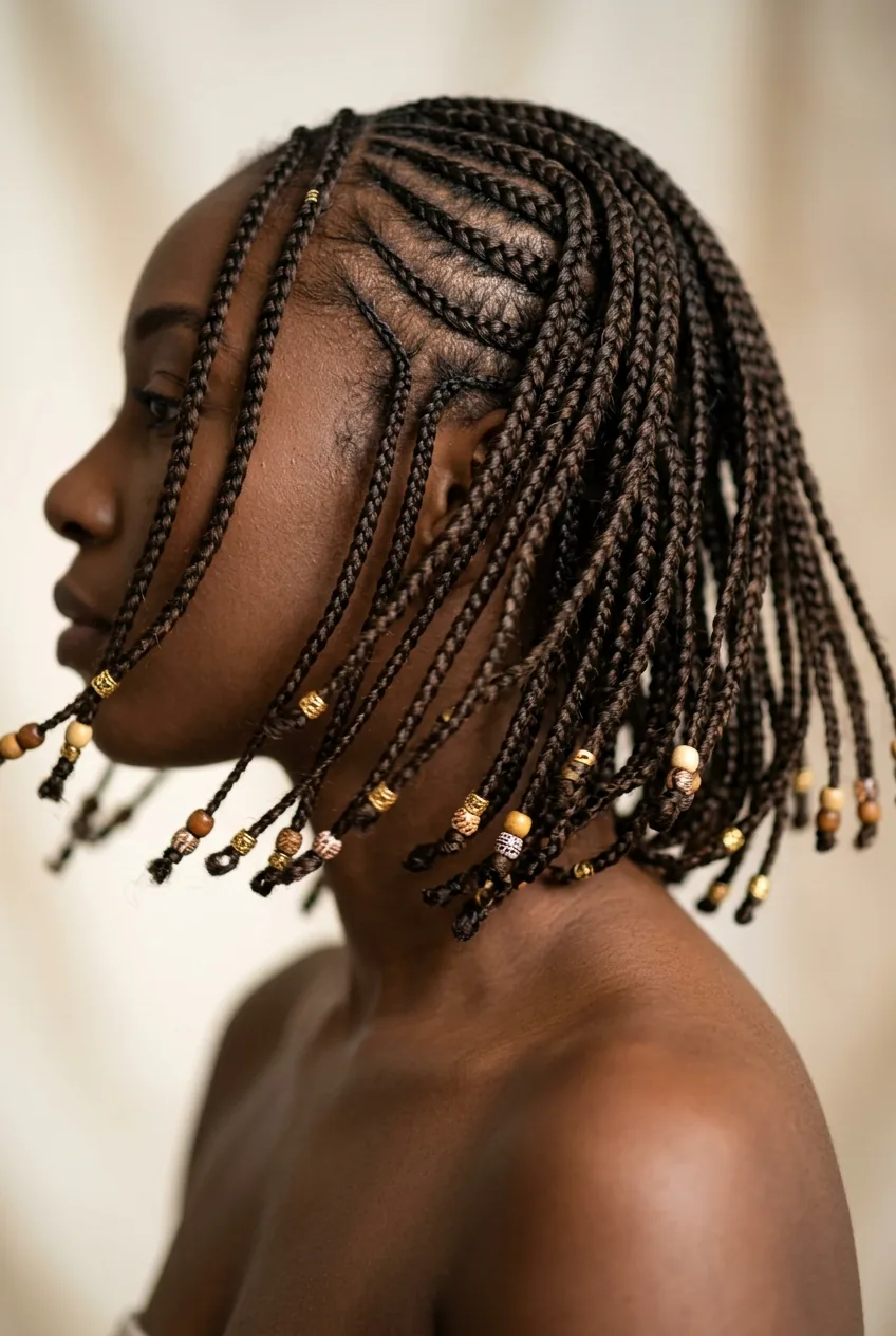 Natural swing and movement of shoulder-length lemonade fulani braids in soft lighting