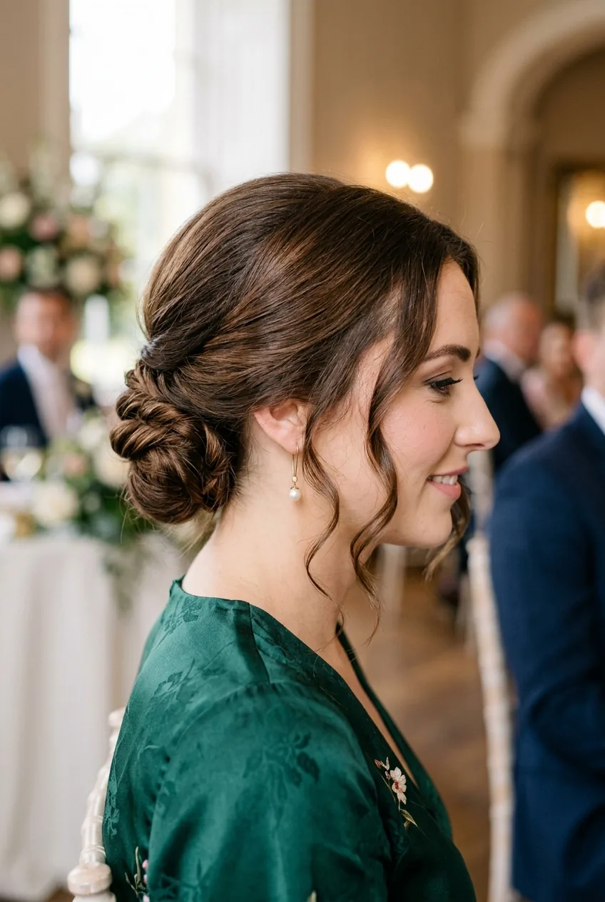 Woman with side-swept low chignon hairstyle showing twisted base and soft face-framing tendrils