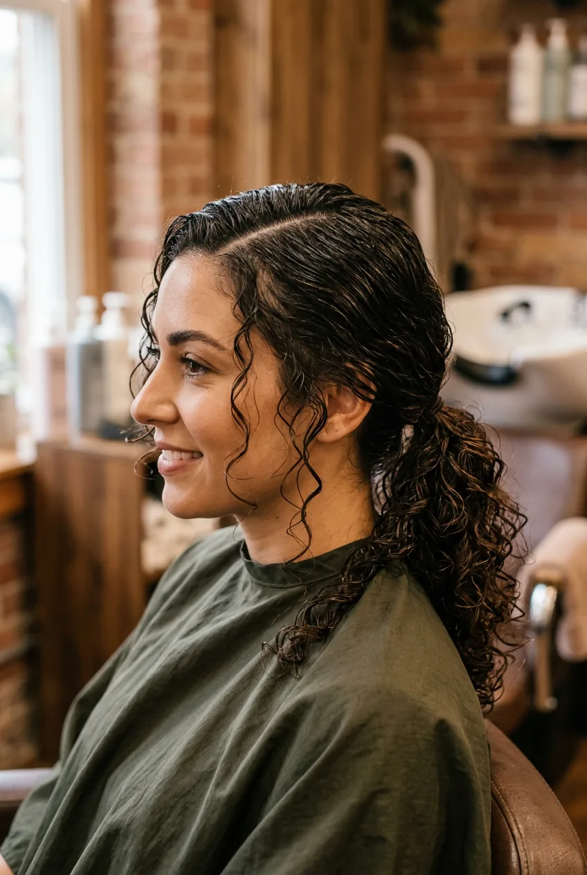Woman's side profile showing deep side part with romantic low curly ponytail