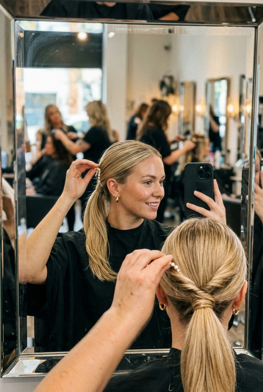 Woman with sleek low ponytail featuring twisted side section and small pearl hair accessory in blonde hair