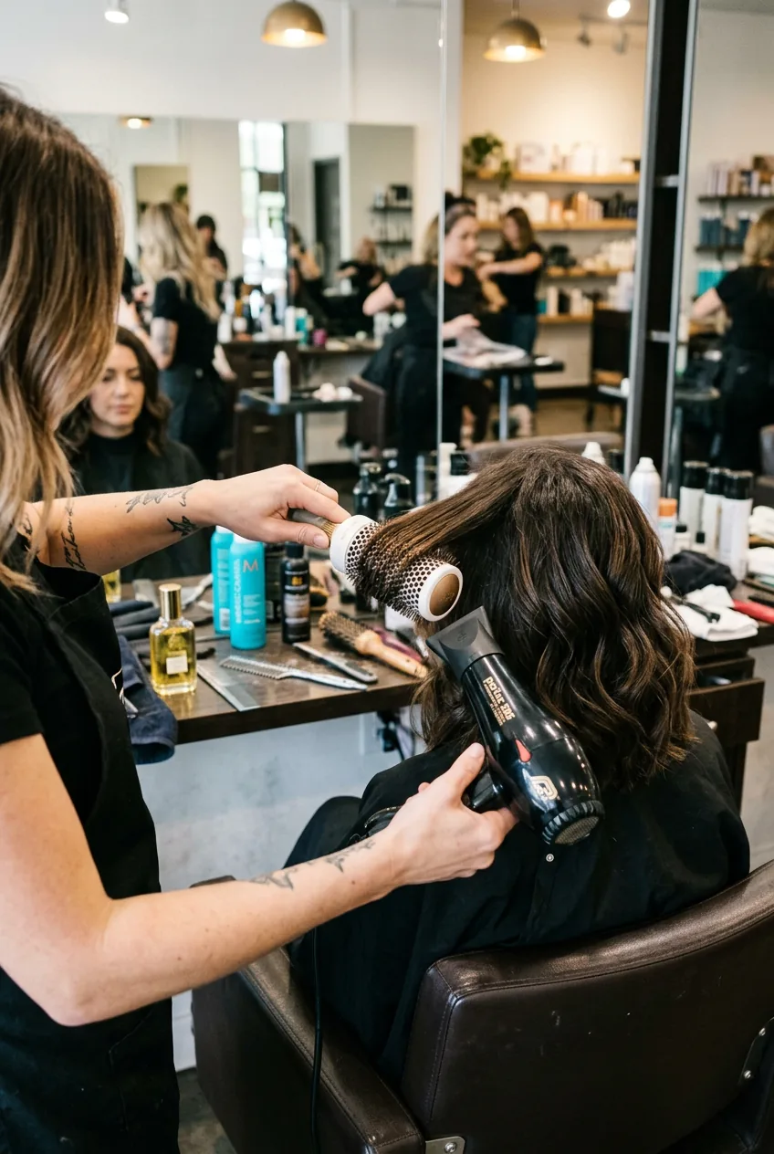 Hair stylist using round brush and blow dryer to create sleek waves in shoulder-length lob