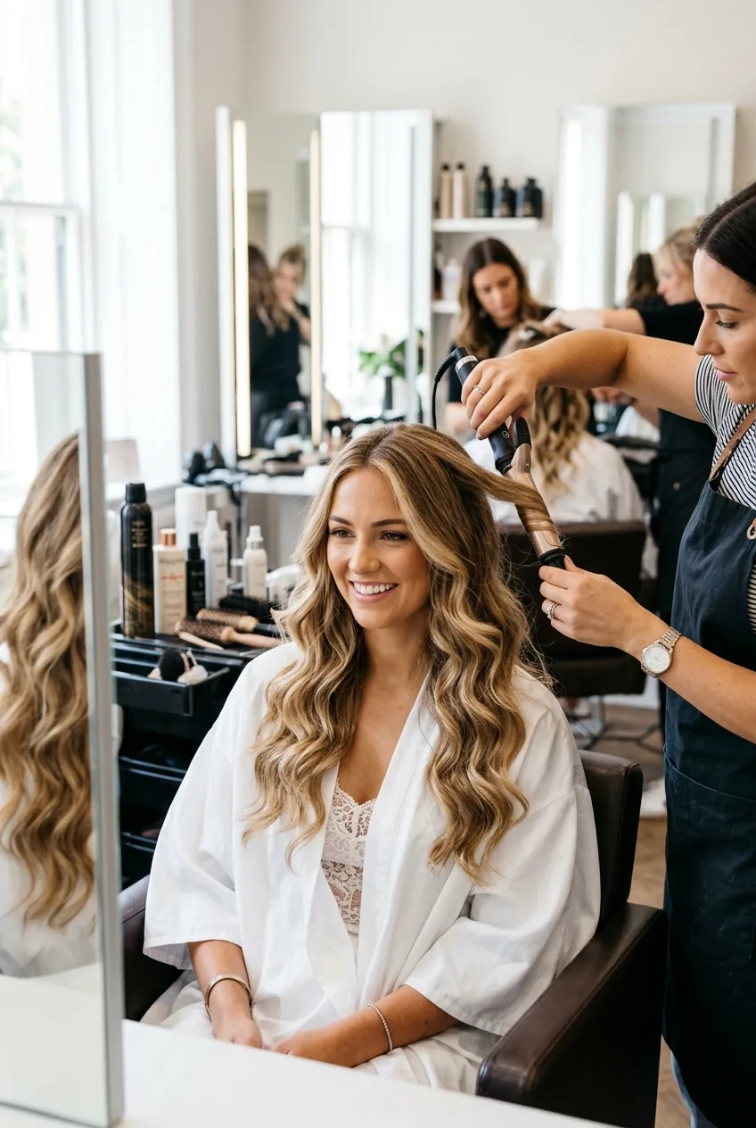 Soft romantic waves being styled with curling iron for wedding guest look in professional salon setting