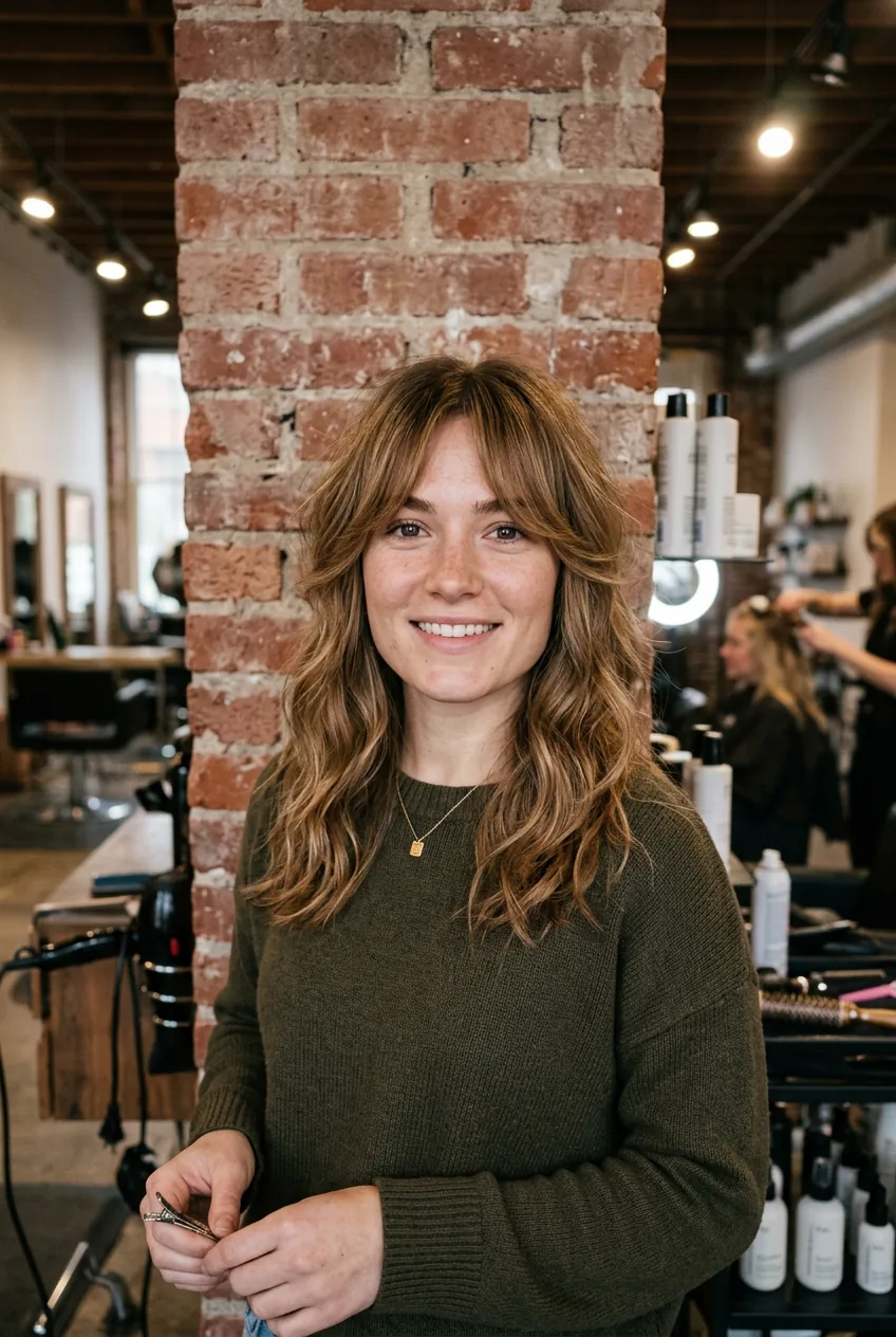 Woman with square jawline showing curtain bangs cut to cheekbone length in modern salon